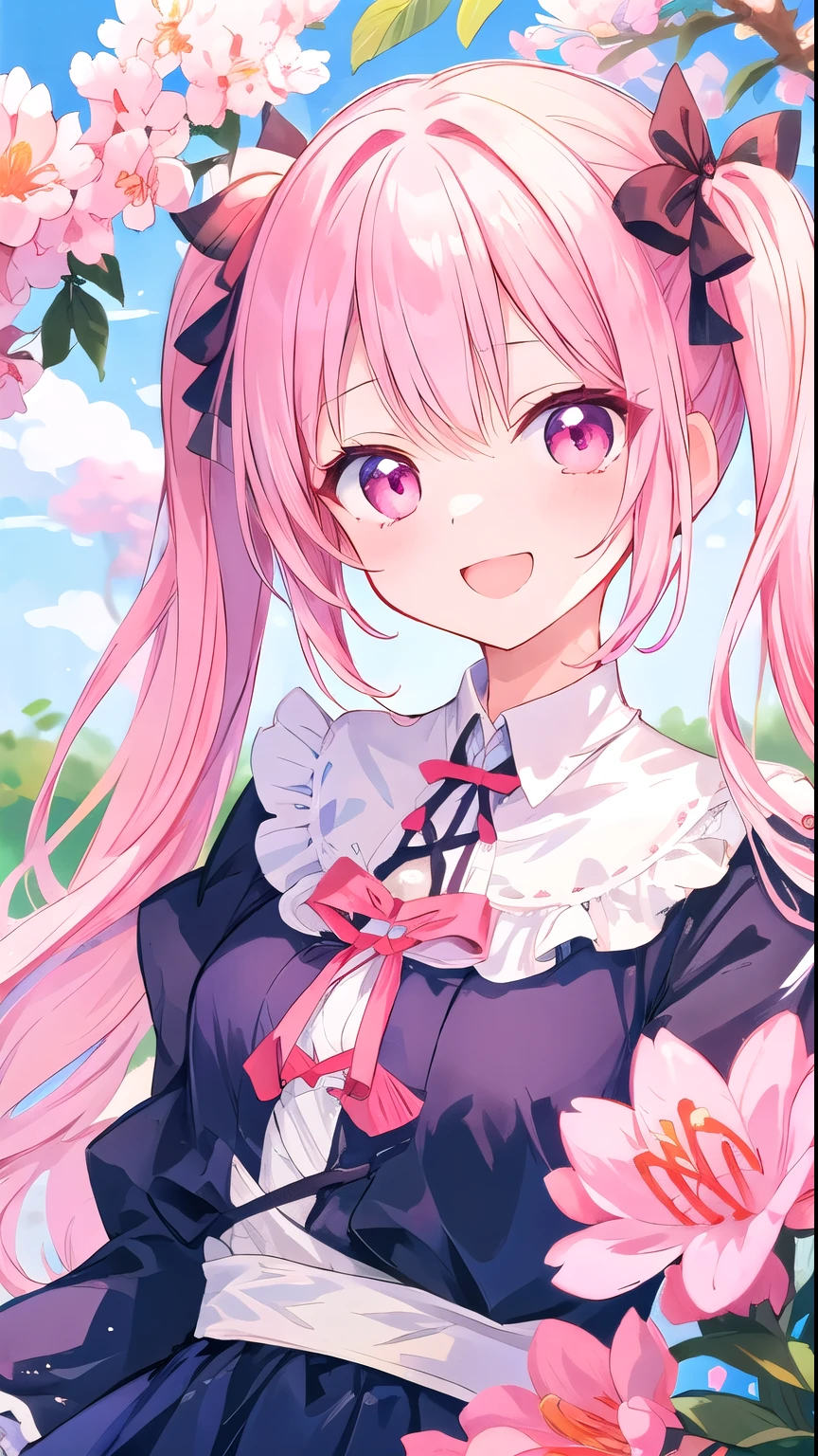 masterpiece, best quality, ultra-detailed, illustration, Azalea, spring, cute, Girl, Solo, laugh, Azalea, pink hair, White hair, twin tails