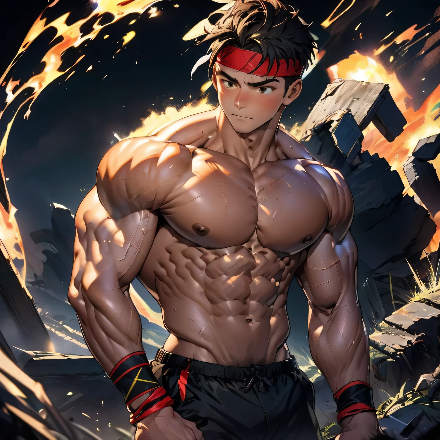 (Masterpiece, Best quality 19 year old boy, black background, looking away), solo, Young, boy, muscler, Shirtless, topless, (Dark Short straight hair, under cut, brown eyes), (red headband, ((black wristband))), Vivid colors, (hot Abs:1.2, abs!, big abs, big breast:1.2, chest!, muscler upper arms), (topless male), muscler!, muscler body, detailed face, detailed muscle, serious, (((A magical mystical aura power:1.4, powerful, action, rippling muscles)))