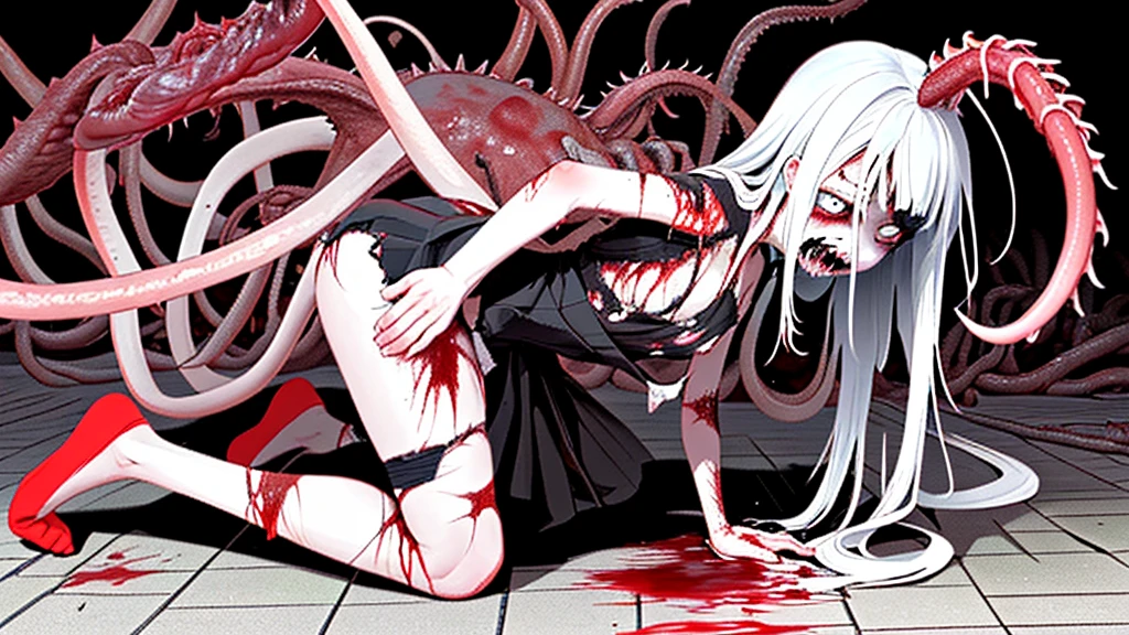 Zombie ,With vampire teeth,lie on the floor,Show crotch,white transparent,凸起Sexy,There are on the street,Watch,Spread the joy of leg presses,Clothes are tattered,There are bite marks on the body,View from the side,pained expression,Sexy,forward and backward,Half-kneeling position,His whole body is covered with blood,crazy,Bite marks all over the body,Skin changes,Grow claws,The main character is biting another ,Cultivated meat wings,Grow a tail made of red flesh,Spread your legs,Growing extra tentacles,The body is crawling with parasites,