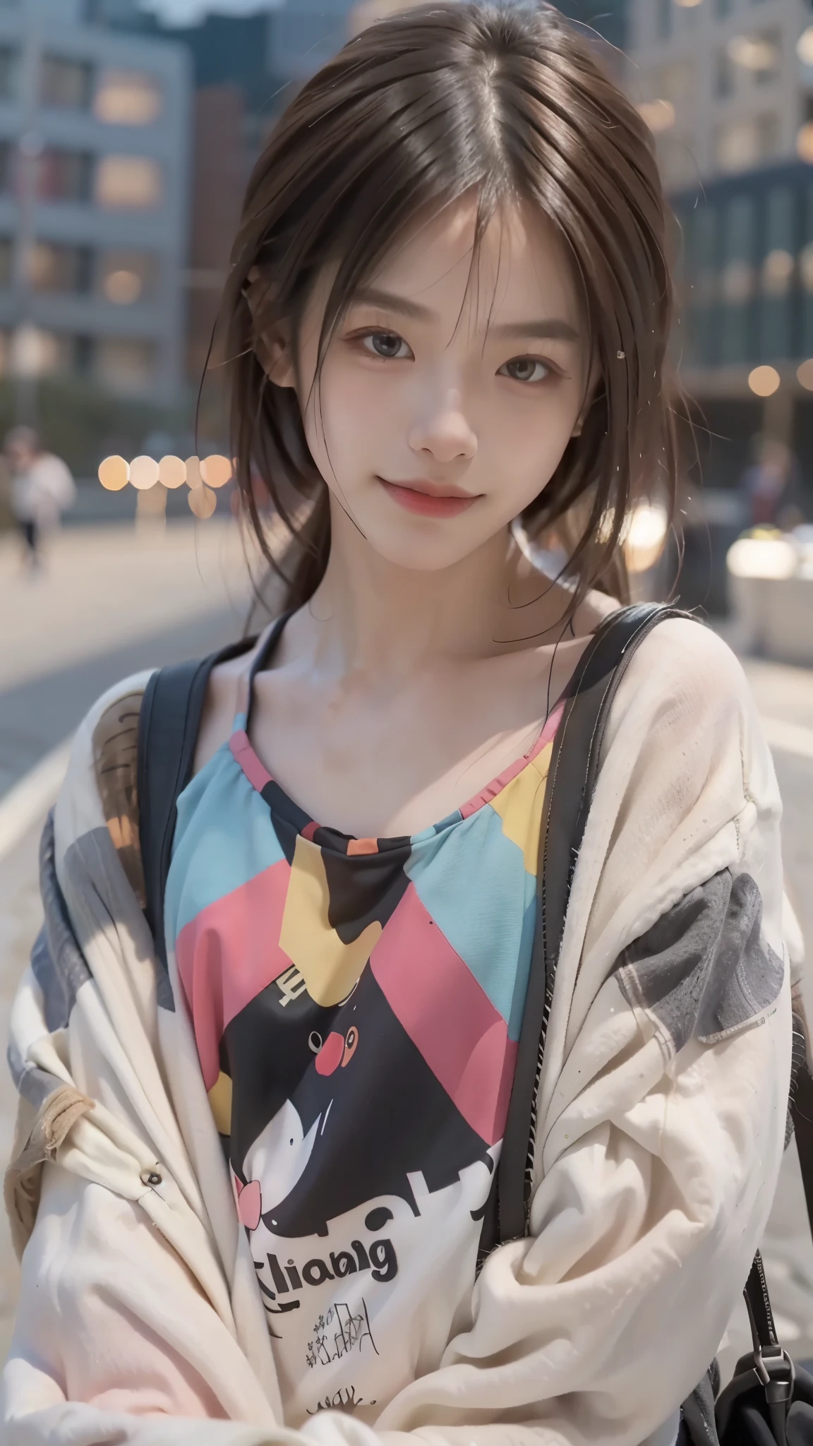 RAW shooting,最high quality, masterpiece, 超High resolution, (realistic:1.4), Raw photo, 1 girl,, short hair, (masterpiece, 最high quality, high quality, High resolution, Super detailed),brown hair, (Night lights:1.4), Cyberpunk attire、smile、Layer Color、headphone、Clothes with many zippers、baggy clothes、White, pink and blue colored clothes