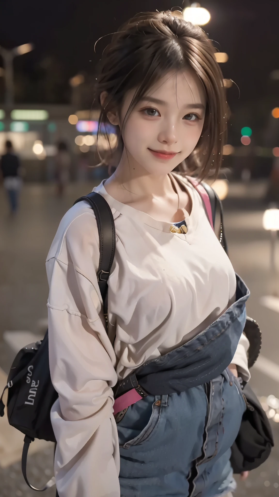 RAW shooting,最high quality, masterpiece, 超High resolution, (realistic:1.4), Raw photo, 1 girl,, short hair, (masterpiece, 最high quality, high quality, High resolution, Super detailed),brown hair, (Night lights:1.4), Cyberpunk attire、smile、Layer Color、headphone、Clothes with many zippers、baggy clothes、White, pink and blue colored clothes