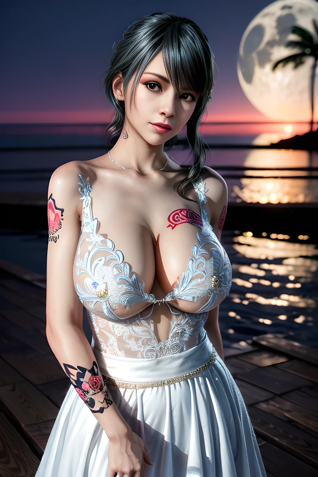 1 girl,standing posture, (Embroidered Trim Wedding Dress), nighttime,moon,( huge breasts:1.1),cleavage,shiny skin,lip gloss,( tattoos:1.2), masterpiece, best quality, realistic ,Surrealism,Rich artistic colors, 8K,3D,Portrait art,solo, tamaki