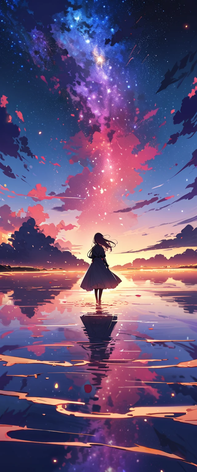 ((best quality)), ((master piece)), ((ultra wide angle)),evening, A woman called、,standing on the salt lake,The water surface is like a mirror,Reflecting the sky。look at the sky,The Milky Way is in the sky,cherry blossoms