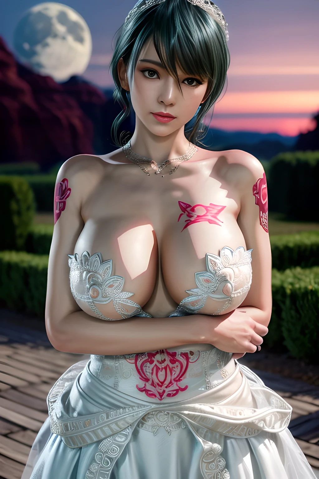 1 girl,standing posture, (Embroidered Trim Wedding Dress), nighttime,moon,( huge breasts:1.1),cleavage,shiny skin,lip gloss,( tattoos:1.2), masterpiece, best quality, realistic ,Surrealism,Rich artistic colors, 8K,3D,Portrait art,solo, tamaki