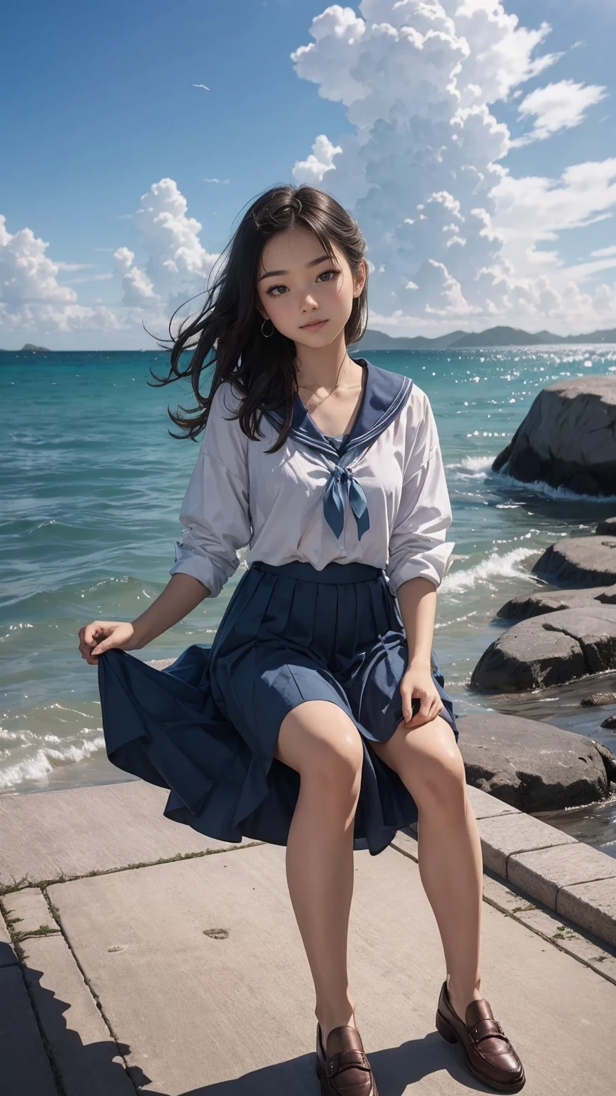 ((最high quality, 8K, masterpiece: 1.3, Ultra HD, high quality, 最high quality, High resolution, realism)) 、An extremely beautiful 18-year-old Japanese woman、hair color is black、black eye、medium hair、straight hair、smile、Slender but well-proportioned, slim and muscular body、Athlete-like body type、I don't want my head to disappear from the screen.、sit on a high breakwater on the beach、The blue sky is beautiful、There is an entrance cloud、It's summer、I'm wearing a sailor suit、Wear a navy blue pleated skirt、wear loafers、There is a road in front of the breakwater、There is a sign indicating the bus stop.、The sea is beautiful、The horizon looks beautiful、An island can be seen off the coast
