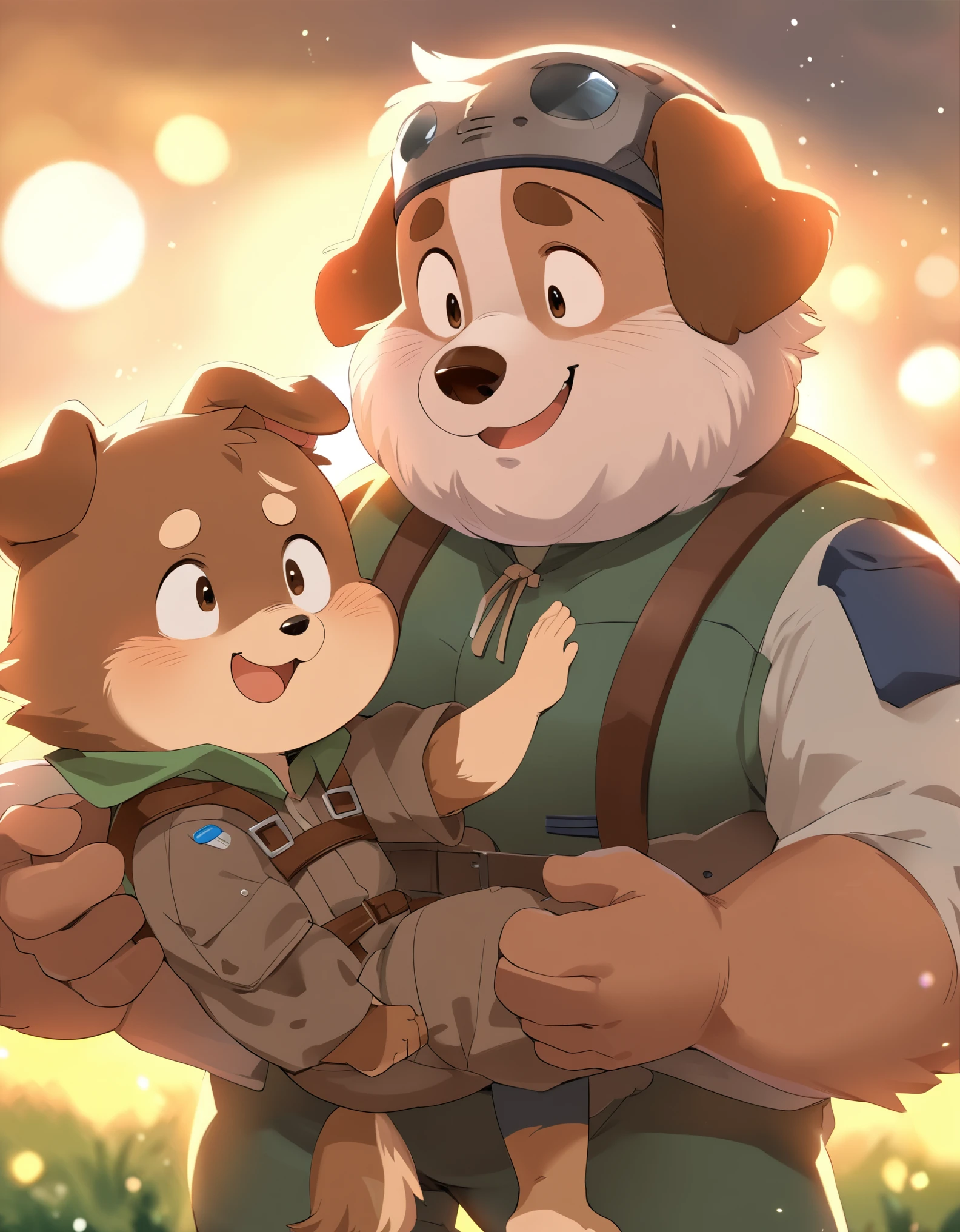 anthro, kemono, male, duo, ((round face, very plump face, thick beard)), ((endomorph body type, old-aged)), ((adventure costume:1.5)), ((domestic dog, dog) fluffy fur, fluffy), (at lawn hills), (evening), (((lifting up with two hands his grandson:1.5)) face to face his grandson), (particle lighting:0.4), bokeh, (high quality, highres, masterpiece), (dynamic lighting, vivid color), (happy, joyful, suprised face, lift-eyebrow), wholesome scene, close up, cartoon, (upperbody)