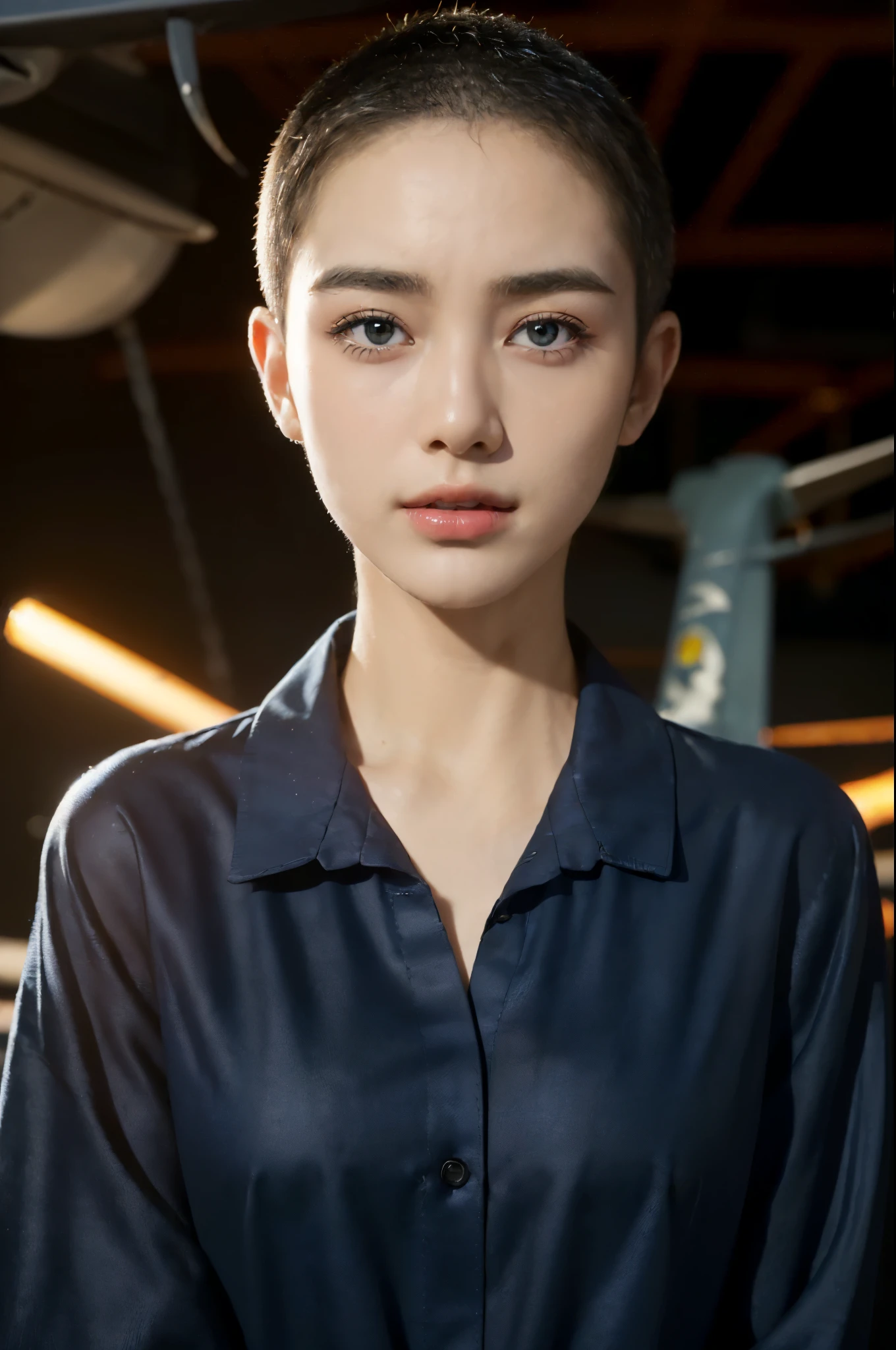 ((((8k))),((Extremely meticulous CG)) ,(wallpaper),16k,((Extremely refined and beautiful)),(((Masterpiece))),(((best qualtiy))),(((Ultra High Resolution))),beautiful light up,Perfect lightning,realistic shaded,(Smooth and flawless skin:1.5),(Extremely exquisite facial details:1.2),(perfect body:1.2),(ultra-detailed),((A beautiful girl,solo)),(small head:1.2),(pale skin:1.3),(buzz cut:1.5),(small face:1.2),(Exquisite makeup:1.2),((slim,thin)),(laughing:1.2),(happy:1.2),(small breasts:1.2),(flat chests:1.2),(dark blue collared military shirt:1.5),(day scene:1.5),(In the fighter jet repair shop workshop:1.5),(fighter plane:1.5),(indoor:1.3),(Various maintenance tools:1.3),(Various aircraft parts:1.3),(dim lights:1.3),(Cyberpunk style:1.3),(detailed background:1.5),(standing:1.3),(close-up of face:1.3),(from front:1.3),