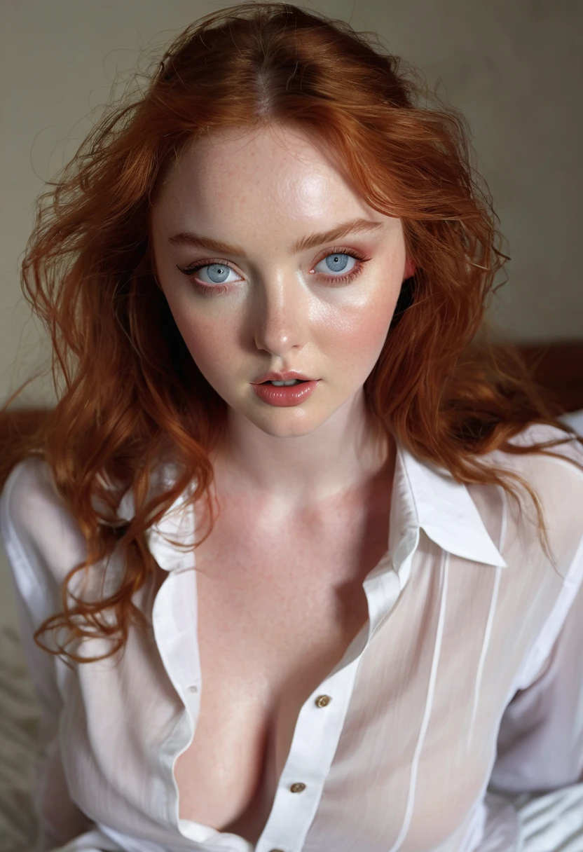 Young Lily Cole, model, detailed eyes, detailed facial features, white shirt, unbuttoned buttons, opened shirt, very detailed breasts, breast visible, lust looks at the viewer, pale skin, detailed skin, slender body, extreme detailed, bedroom, red hair, super long hair, very large eyes, breasts shown, transparent shirt, nipple visible, max detail bust, very young, indoors, on the bed, studio light, semi-darkness, raw photo, top shot.