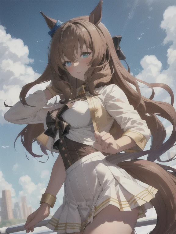 topquality, Horse Girl, maruzensky \(umamusume\), Perfect skin, realisic skin, Detail Skin, 8K, the perfect body, perfect foots, tail, white clothes with gold patterns, golden ceiling skirt, white skirt, Sky City, clouds, blue sky