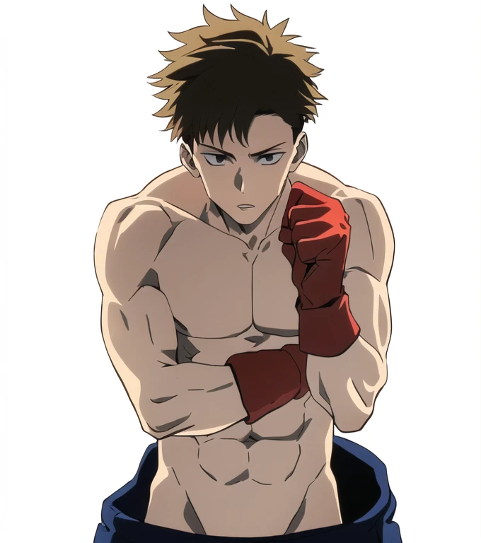 (Illustration, high resolution, best quality: 1.5, masterpiece, minimalist, simplistic detail, anime), solo: 2, fit male, adult male, upper body, half body portrait, shirtless: 2, boxer, boxing gloves, vox machina style, itadori yuji, blond: 1.5, shaded face, Epic background,