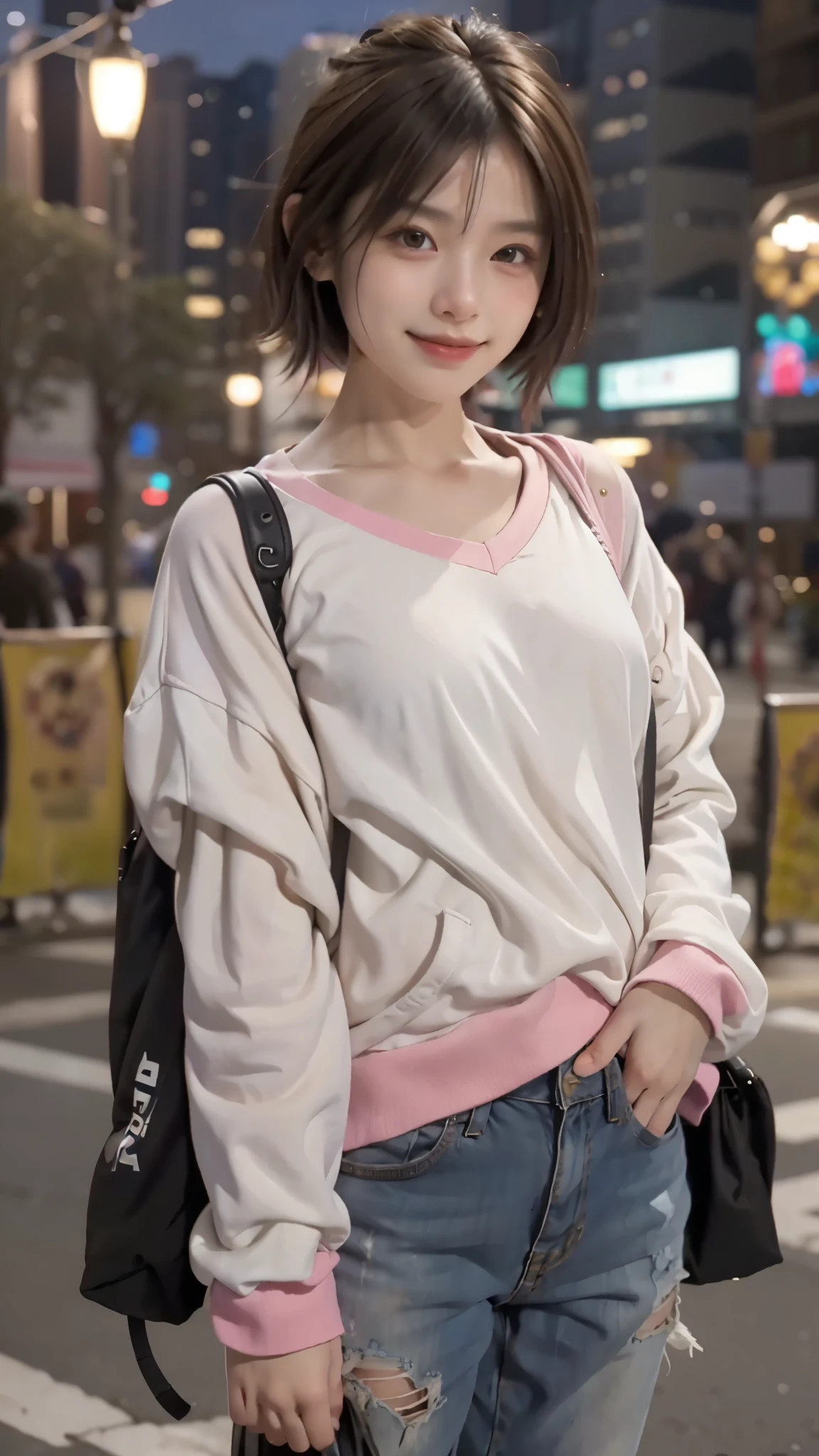 RAW shooting,最high quality, masterpiece, 超High resolution, (realistic:1.4), Raw photo, 1 girl,, short hair, (masterpiece, 最high quality, high quality, High resolution, Super detailed),brown hair, (Night lights:1.4), Cyberpunk attire、smile、Layer Color、headphone、Clothes with many zippers、baggy clothes、White, pink and blue colored clothes、Partially shining clothing
