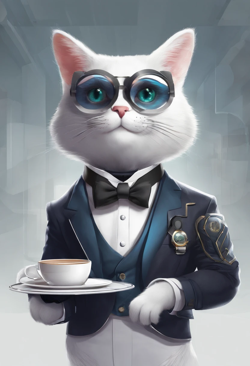 CAT,Wear a butler&#39;s uniform,standing holding a tea tray,wearing monocle glasses,cool