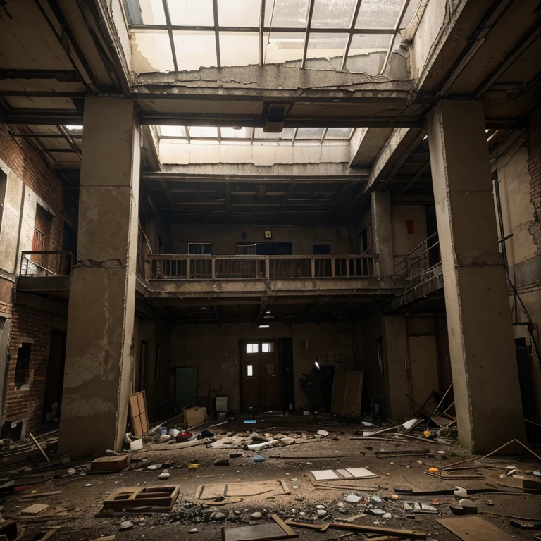 I need a background image for an escape game that takes place in an old building, welches kaputt und modrig ist mit einigen Stockwerken. This is blown up by a bomb and the participants have to escape.