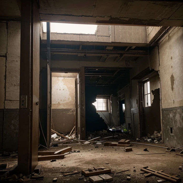 I need a background image for an escape game that takes place in an old building, welches kaputt und modrig ist mit einigen Stockwerken. This is blown up by a bomb and the participants have to escape.