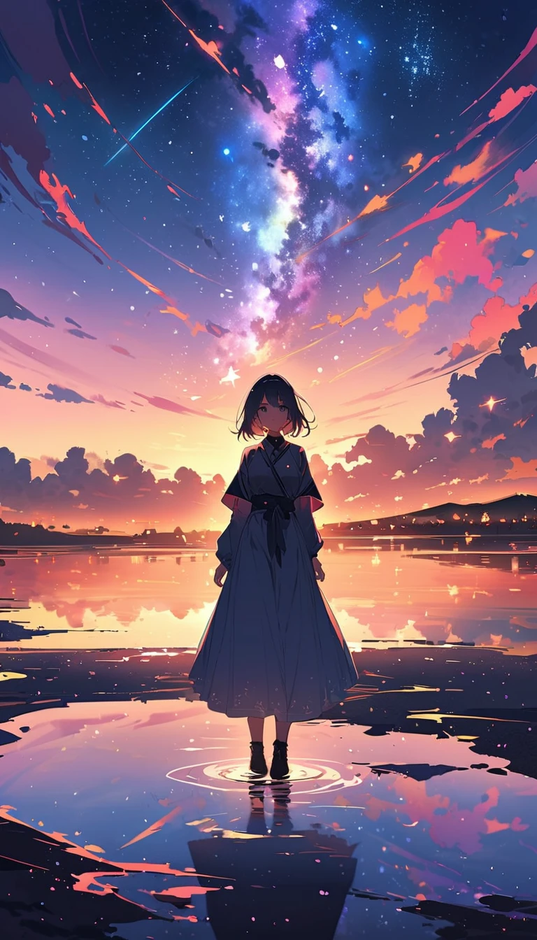 （（best quality））， （（master piece））， （（ultra wide angle）），evening， A woman called、，standing on the salt lake，The water surface is like a mirror，Reflecting the sky。look at the sky，The Milky Way is in the sky,cherry blossoms,cherry blossoms並木,ピンクのcherry blossoms