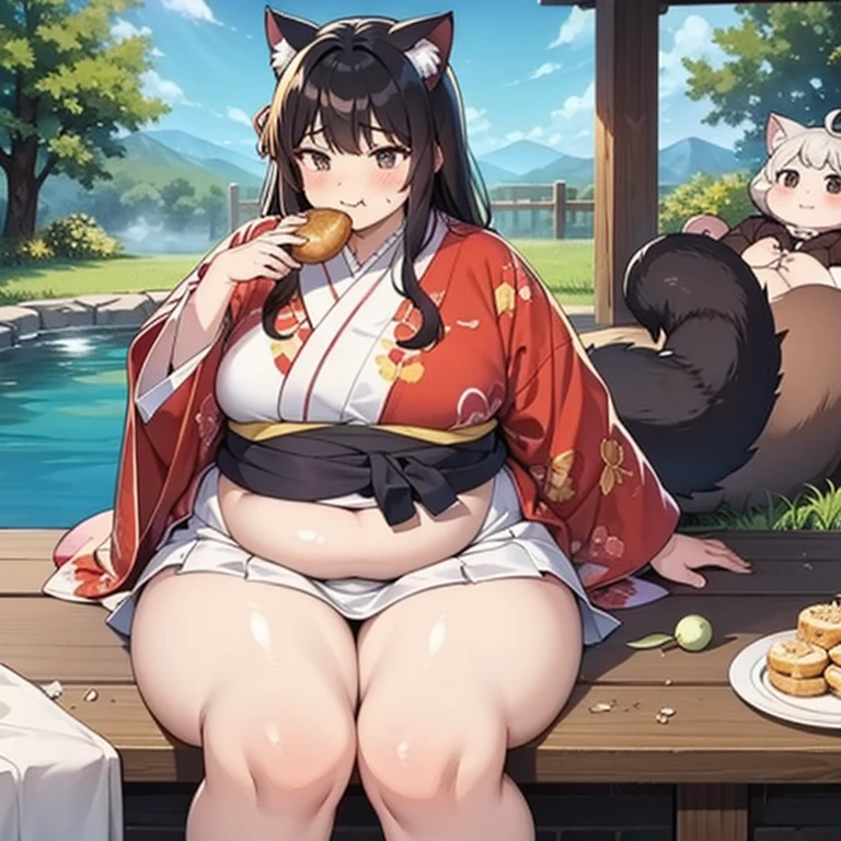 (masterpiece、best quality、super quality、perfect anatomy、detailed、intricate details、Impeccable attention to detail、Superb execution、Beautiful big breasts、upscale、Perfect workmanship、expressive art:1.3),(fat、chubby、Plum:3.45), 2 girls, black hair color hair, long white hair, through bangs, wide waist, wide body,Cat ear,huge belly,The abdomen is divided into two layers,The belt tightens the belly,sitting in water,The belt tightens the belly,Hip-covering skirt:3),Tight fabric on chest,chubby,heavy belly,hot spring,Two fat cat women huddled together face to face,sitting in water,Skirt rip,hot spring,eating,hot spring,Tight fabric on chest,kimono,The skirt is tight on the lower abdomen,hot springkimono,kimono,Anime cat girl huge intestines eat a lot of food and intestines on the table - car,swollen stomach