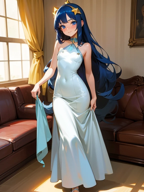 full body, 1 girl, dark blue hair, shoulder length hair, blue eyes, small breasts, living room, modern villa, detailed background, highres, highly detailed face, Detailed eyes, shy expression, blush, good proportions, looking forward, happy smile, sitting upright, sitting on sofa, princess, white dress, yellow star shaped hairpin,