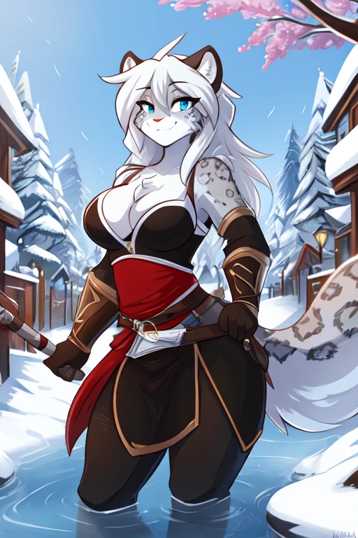 ((8k, 4k, Detailed, High quality, masterpiece, perfect anatomy)), Assassin's Creed, furry, female, mature female, ((by Kilinah, fluff-kevlar)), snow leopard, sexy body, breasts, cute face, long white hair, blue eyes, leopard tail, Assassin's Creed armor, Assassin's Creed outfit,