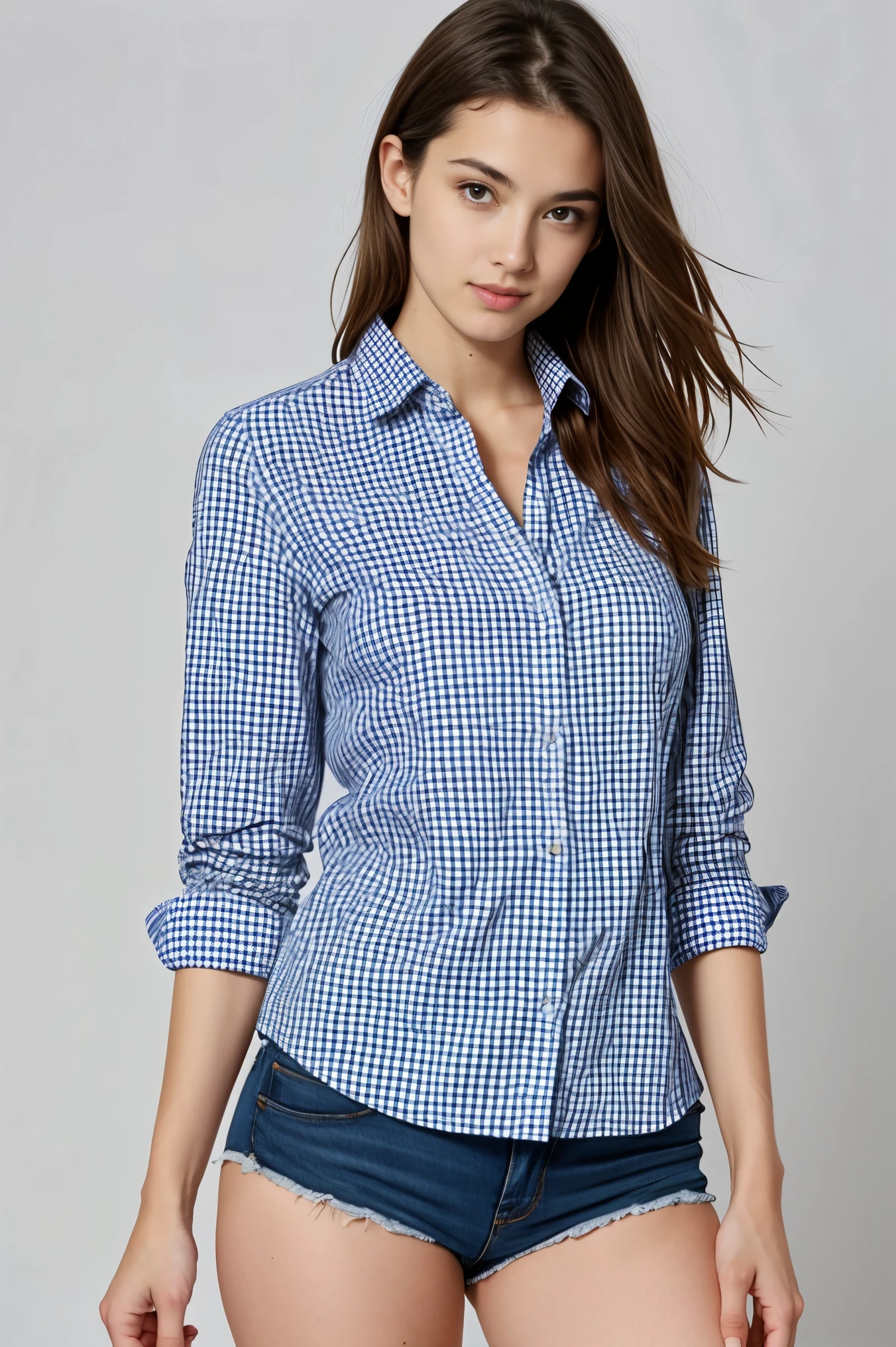 une femme française sexy et mince de 18 ans , checkered shirt, Realistic