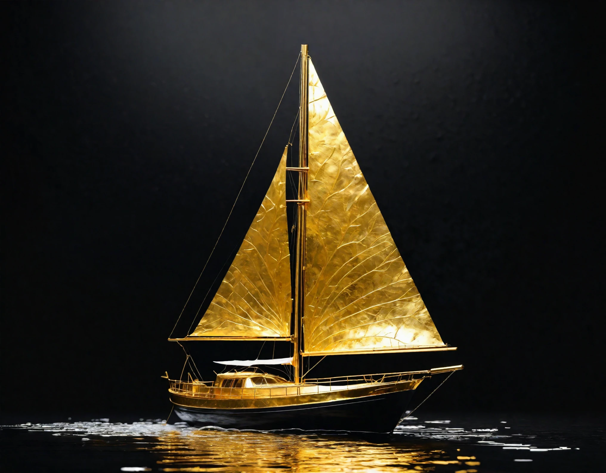 gold leaf art,Sailboat artwork made with gold leaf,black background,spotlight effect,8k,Super fine,hyper-realistic,masterpiece,high quality,masterpiece