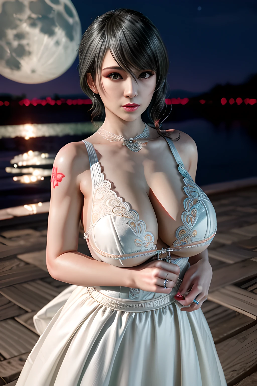 1 girl,standing posture, (Embroidered Trim Wedding Dress), nighttime,moon,( huge breasts:1.1),cleavage,shiny skin,lip gloss,( tattoos:1.2), masterpiece, best quality, realistic ,Surrealism,Rich artistic colors, 8K,3D,Portrait art,solo, tamaki