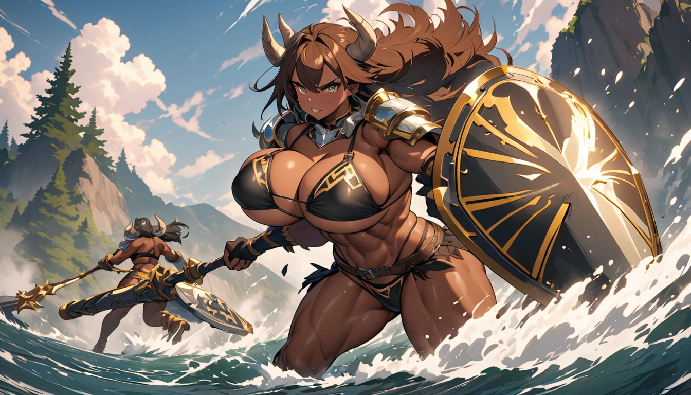 Minotaur female horns big Breast Breast expansion bikini armor muscle dark skin strong battle ax shield wilderness full-body shot