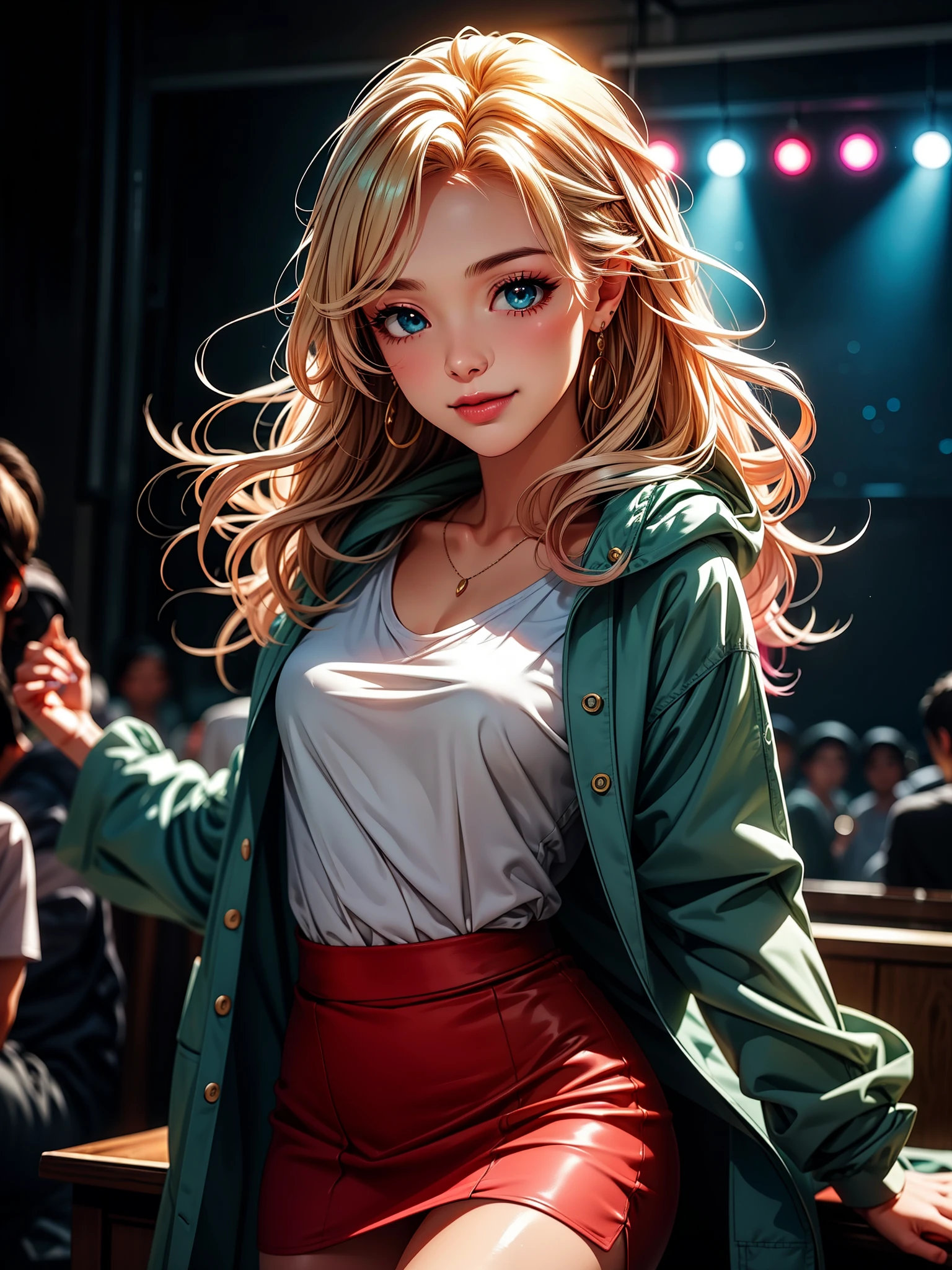 Fayobore style, masterpiece, best quality, 1 girl, 21 years old, Smile, pink lips, aqua eyes, blonde hair gradient pink tail, Medium chest, Keep your mouth shut, crystal earrings, jewelry, looking at the audience, mini skirt, shirt, Blue super short coat, long hair, alone, Cowboy shooting, Put your hands behind your head, dim, dark, high contrast, Caustics