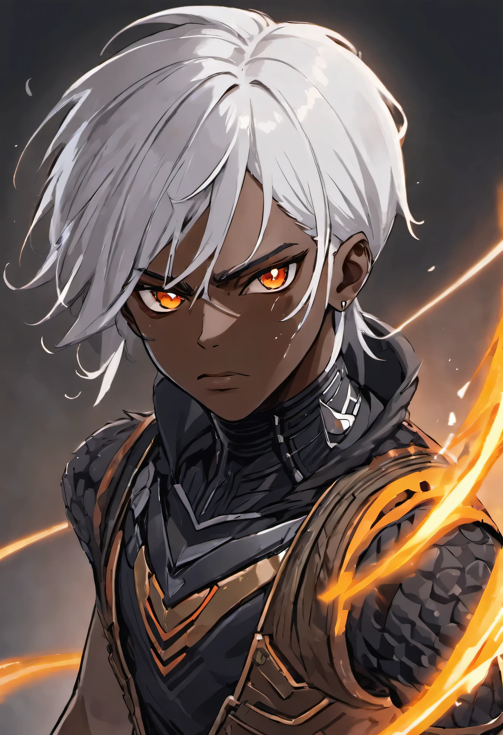 there is a black man with a long straight silver hair and a black vest, orange eyes, detailed character portrait, a black cyborg, afrofuturism anime, wakanda, highly detailed character, straight silver hair and dark skin, closeup character portrait, official character art, detailed character art, character close up, character art portrait, close up character, trendin on artstation, character art closeup, black balaclava