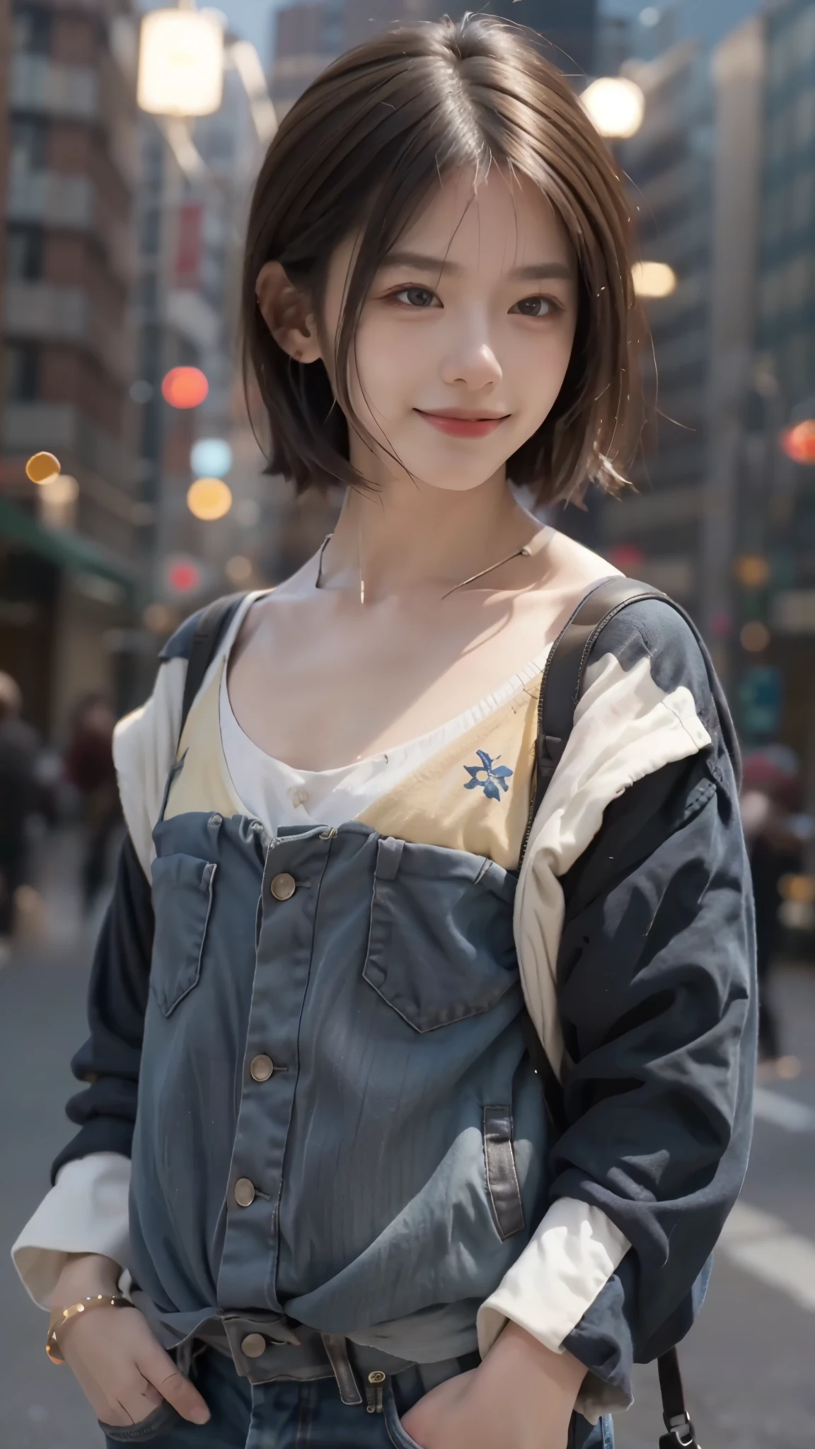 RAW shooting,最high quality, masterpiece, 超High resolution, (realistic:1.4), Raw photo, 1 girl,, short hair, (masterpiece, 最high quality, high quality, High resolution, Super detailed),brown hair, (Night lights:1.4), Cyberpunk attire、smile、Layer Color、headphone、Clothes with many zippers、baggy clothes、White, pink, blue and yellow colored clothes