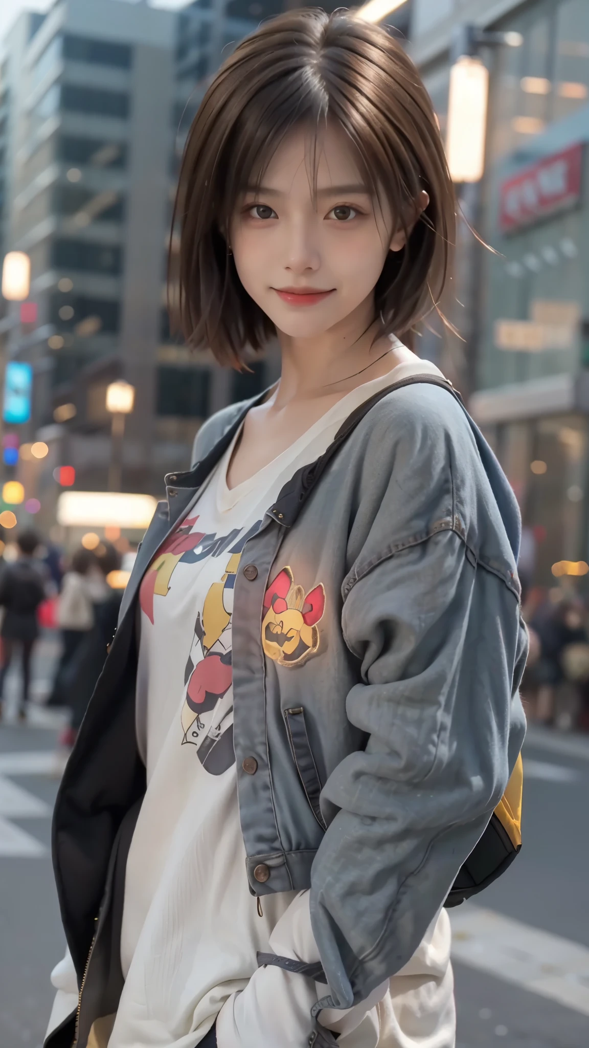 RAW shooting,最high quality, masterpiece, 超High resolution, (realistic:1.4), Raw photo, 1 girl,, short hair, (masterpiece, 最high quality, high quality, High resolution, Super detailed),brown hair, (Night lights:1.4), Cyberpunk attire、smile、Layer Color、headphone、Clothes with many zippers、baggy clothes、White, pink, blue and yellow colored clothes