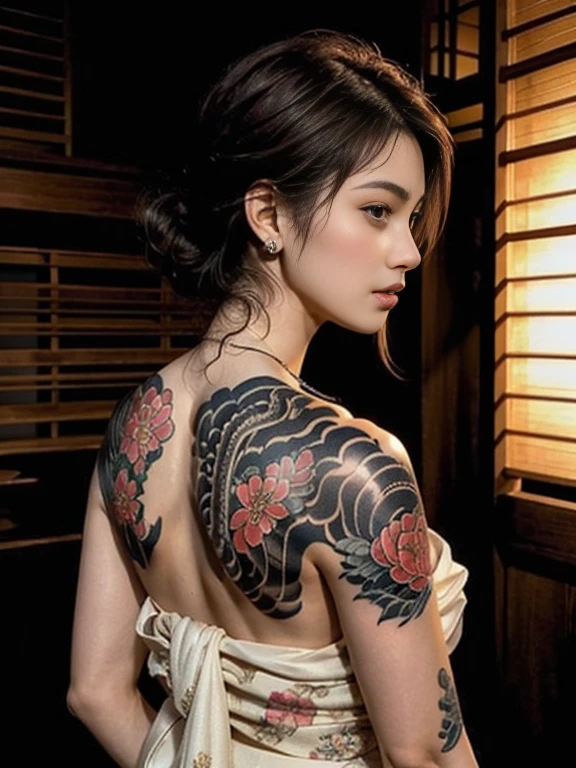 (best quality,height:1.2), (realistic:1.4),low angle shot, close up, seen from behind, Yakuza girl soaks in onsen,Look at the viewer.,detailed face,Beautifully detailed blue-gray eyes.,Beautifully detailed lips,seductive smile,Eyebrows are well taken care of.,Long eyelashes, A perfectly beautiful face with soft, smooth skin., Clear skin ,natural blush,slim body posture, bare shoulders,Intricately detailed and vibrant Irezumi tattoo on the back of the body.,Elegant and intricate jewelry,Delicate necklaces and earrings,traditional hair accessories, red hair bangs,shiny gem,Soft and flawless makeup,The light is soft and natural.,Delicate shadows on the face,Bright and vivid colours,realistic rendering, Photon mapping, The atmosphere was filled with mist and drama.