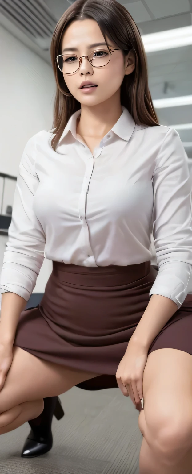 (((a woman)) works as a manager), in the office, (((standing and squatting, bend legs slightly as spread legs, knees, sloppy legs))), blouse, id card, (((put on glasses))) skirt,