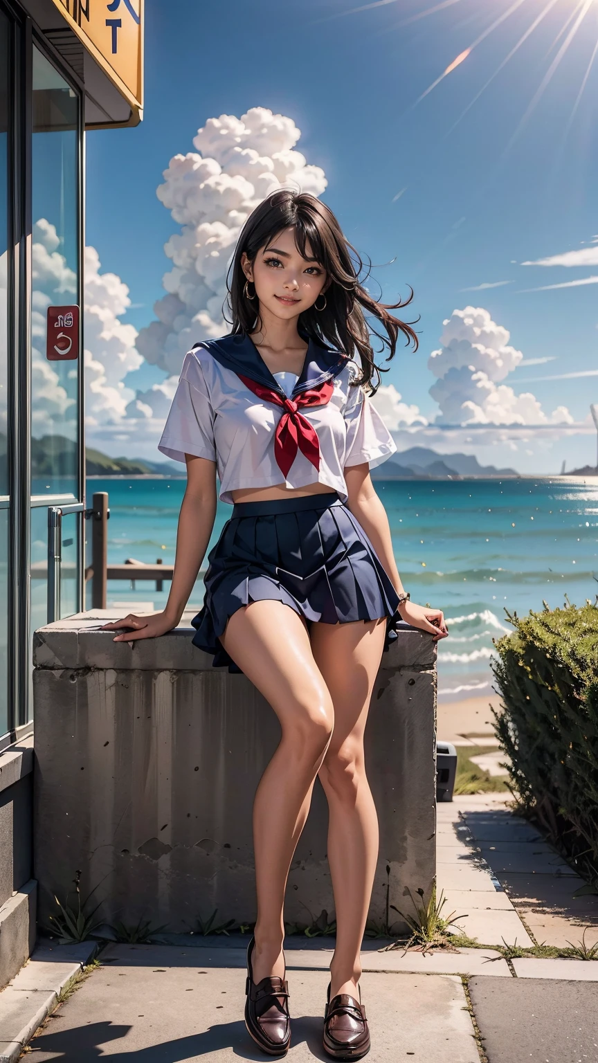 ((最high quality, 8K, masterpiece: 1.3, Ultra HD, high quality, 最high quality, High resolution, realism)) 、An extremely beautiful 18-year-old Japanese woman、hair color is black、black eye、medium hair、straight hair、smile、Slender but well-proportioned, slim and muscular body、Athlete-like body type、I don&#39;t want my head to disappear from the screen.、sit on a high breakwater on the beach、The blue sky is beautiful、There is an entrance cloud、It&#39;s summer、I'm wearing a sailor suit、Wear a navy blue pleated skirt、wear loafers、There is a road in front of the breakwater、There is a sign indicating the bus stop.、The sea is beautiful、The horizon looks beautiful、An island can be seen off the coast