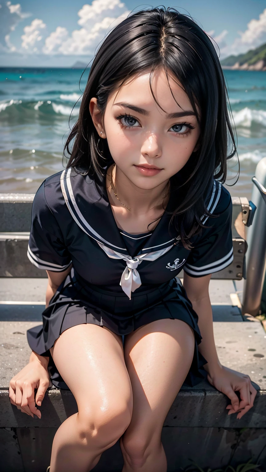 Best Quality, （shot from front）、look at the crotch,(Sit with your knees bent)、showing   panties, hi-school girl, beautiful a girl, High School Uniform, White blouses, pleatedskirt, beautiful hair of light brown color, beautidful eyes, on the sandy beach, posing for photo, look at a camera, Shooting from below, Sunlight,