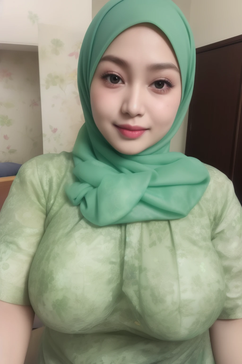 ((HIJAB)), "Oki Setiana Dewi", ("Light Green Hijab Floral pattern Naked"), Chubby Wearing "Lace Floral Pattern Bra" & Short Hairy Pussy, "Facial expression in happy smile", "Light Green", "Light Green Lips", "Bokeh", "Very happy facial reaction", ((HEAVY HUGE BREASTS TITS))