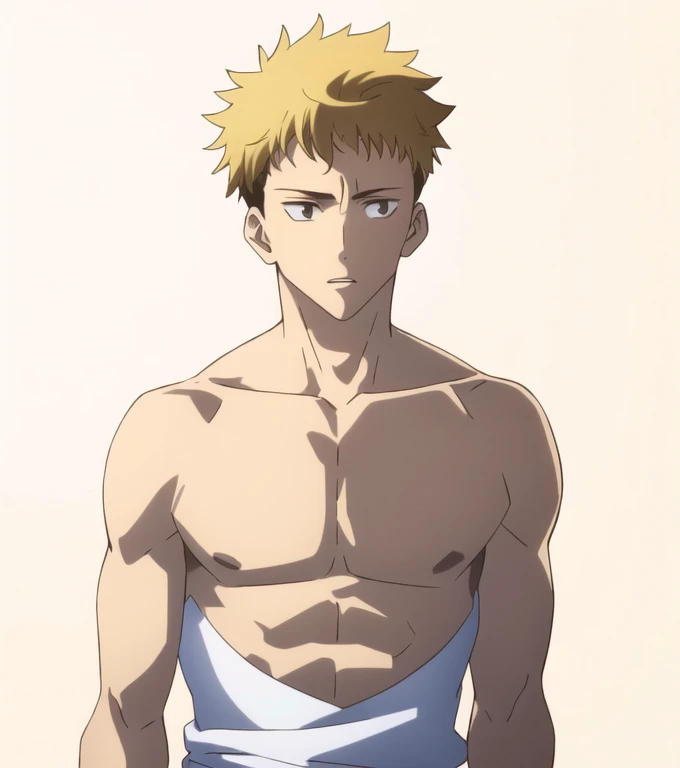 (Illustration, high resolution, best quality: 1.5, masterpiece, minimalist, simplistic detail, anime), solo: 2, fit male, adult male, upper body, half body portrait, shirtless: 2, boxer, boxing gloves, vox machina style, itadori yuji, blond: 1.5, shaded face, Epic background,