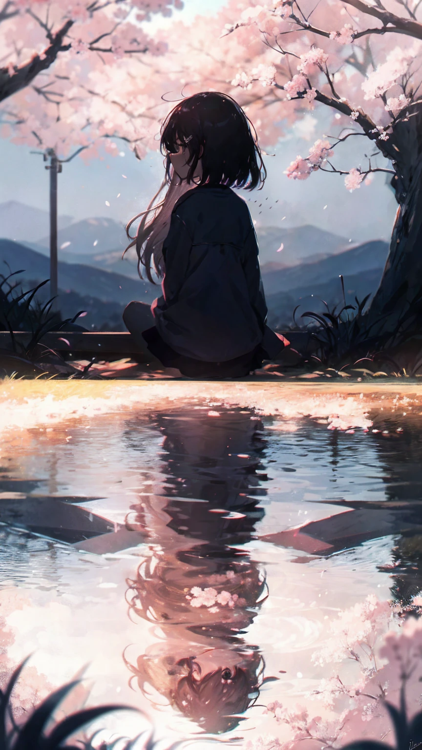 Product illustration of a girl in the rain,cherry blossoms,sitting