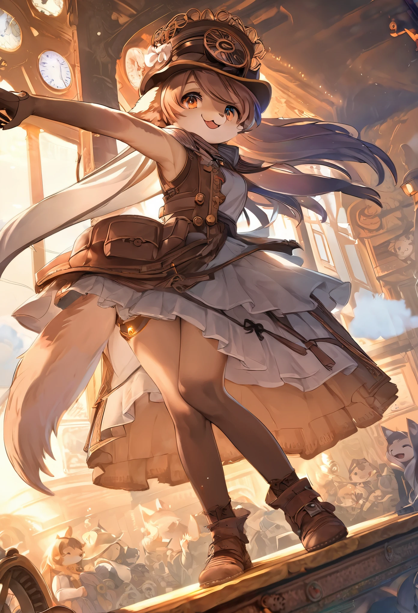 cover_page, highres, top quality, best quality, paid reward available, High-quality illustrations, unparalleled masterpiece, perfect artwork, absurdres, super high resolution, detailed background, Steam punk, Beautiful World Heritage, 6+boys, 6+girls, Happy, joyful(Photos of solo travelers)(kemono, furry anthro)cinematic lighting, dynamic angle,