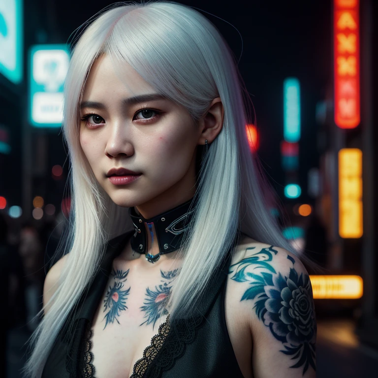 mdjrny-v4 style, a young South Korean girl with medium-length white hair, intricate full body tattoo, a highly detailed face, by Greg Rutkowski and Magali Villeneuve, beautiful eyes, cinematic lighting, neon-lit street background, Hyperrealism, (Masterpiece:1.3), (best quality:1.3),