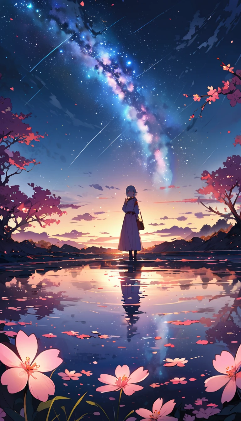 ((best quality)), ((master piece)), ((ultra wide angle)),evening, A woman called、,standing on the salt lake,The water surface is like a mirror,Reflecting the sky。look at the sky,The Milky Way is in the sky,cherry blossoms,cherry blossoms並木,ピンクのcherry blossoms