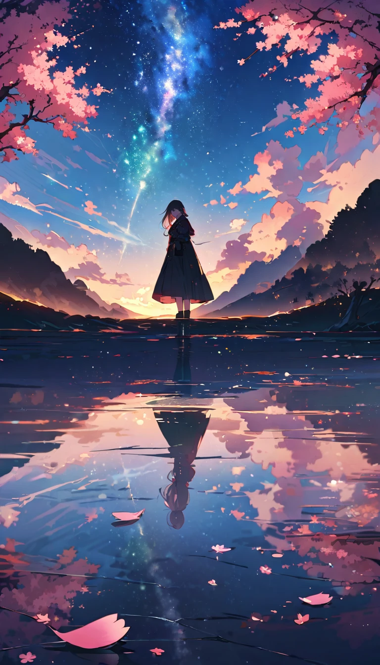 ((best quality)), ((master piece)), ((ultra wide angle)),evening, A woman called、,standing on the salt lake,The water surface is like a mirror,Reflecting the sky。look at the sky,The Milky Way is in the sky,cherry blossoms,cherry blossoms並木,ピンクのcherry blossoms