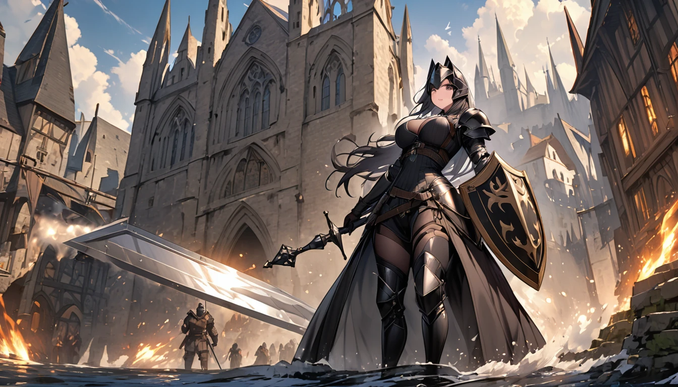High-tech black knight suit
High Tech Black Knight Tactical Helmet
female knight
Great Sword and Shield
Big 
Breast expansion
Fantasy World
medieval city
full-body shot