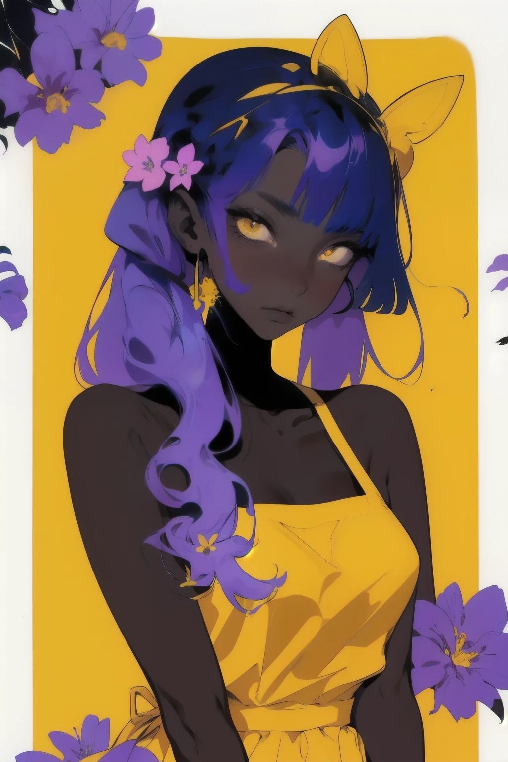 young woman, dark skin, purple hair, square, bangs cover the eye, purple flowers in hair, Yellow eyes, a green dress, dress with yellow elements, white apron
