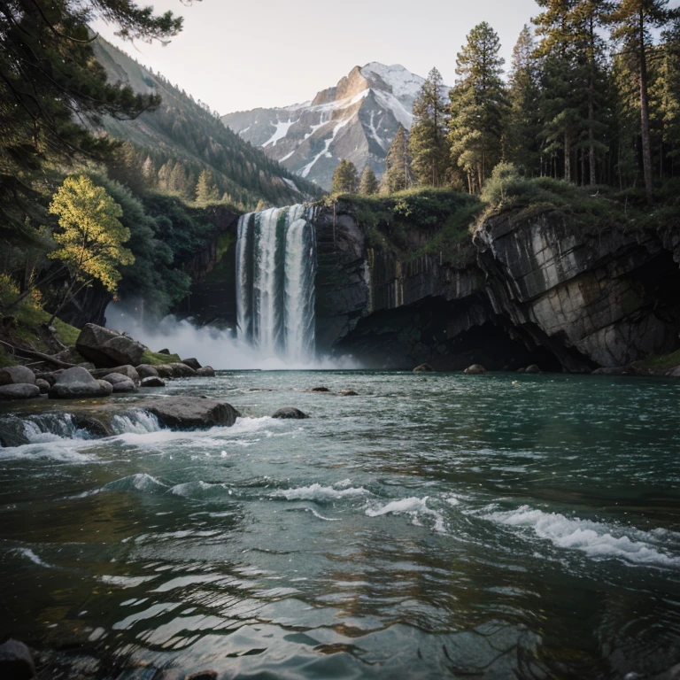 Beautiful mountain landscape with waterfall and flowing water