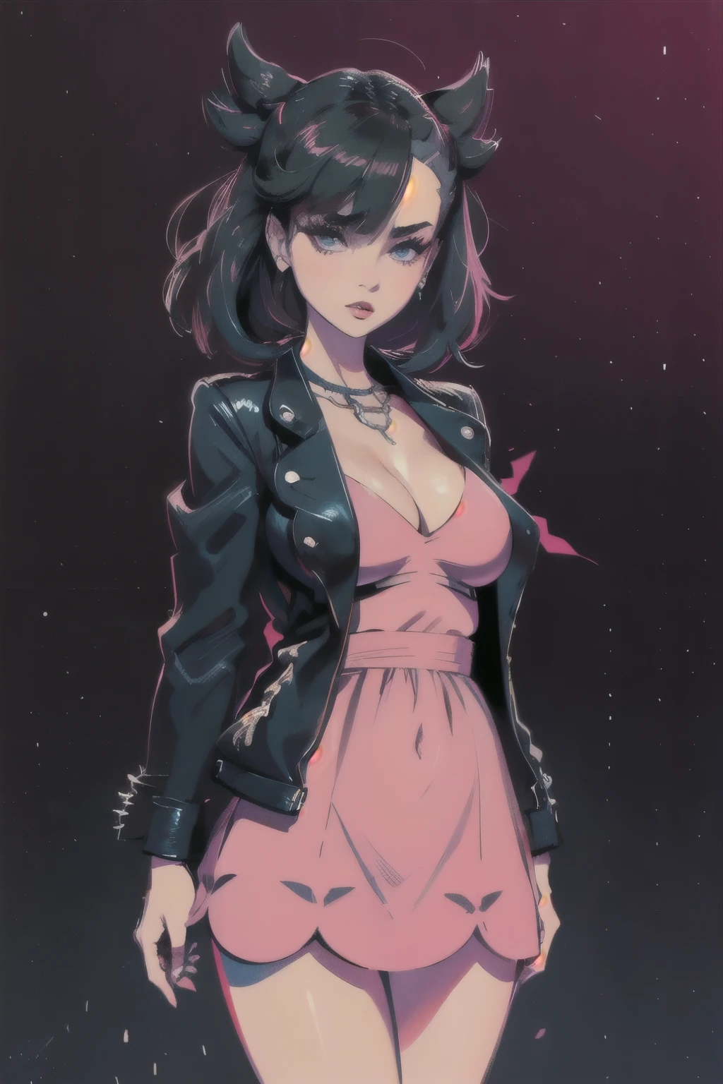 ((masterpiece, best quality)) Marnie, (pokemon), cutesexyrobutts, in a pink dress and black jacket, pokemon trainer outfit, single character full body, realistic girl wearing a Pink dress, only head and shoulders, russian woman, adult woman, hyperrealistic, style boobapad, cyberpunk city background, upper body, portrait, breast focus, 1girl, breasts, large breasts, asymmetrical bangs, asymmetrical hair , bangs, huge breasts.