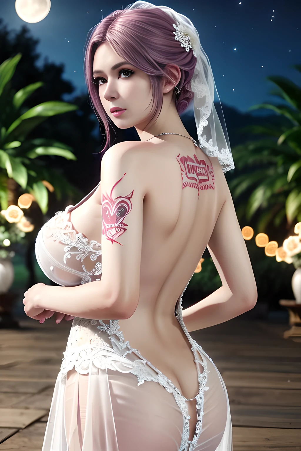 1 girl,standing posture,(( Backless Wedding Dress, see-through)), outdoor,elegant,nighttime,moonlighe,shiny skin,( huge breasts:1.1), lip gloss,( tattoos:1.3), masterpiece, best quality, realistic ,Surrealism,,Rich artistic colors, 8K,soft shadows,Portrait art,solo, elise,
