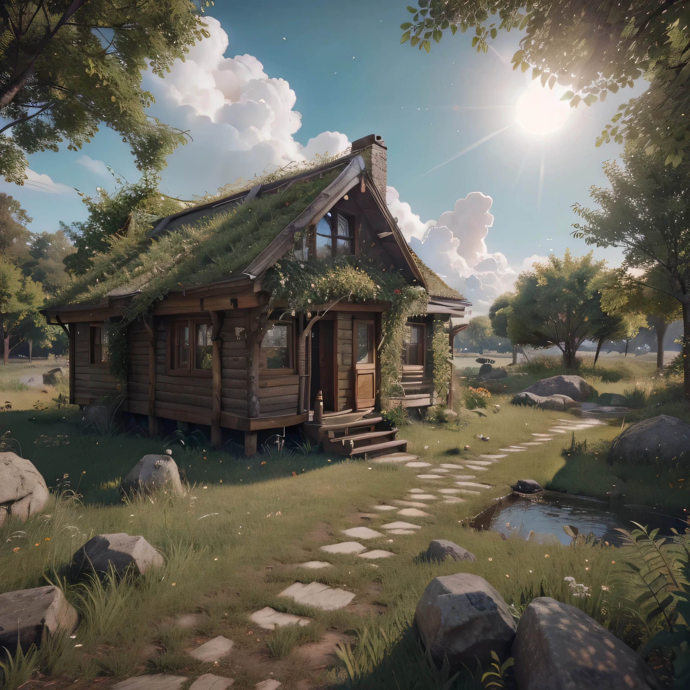 arafed hut in the middle of a lush green forest, realistic fantasy render, summer unreal engine 5, highly detailed scene, gorgeous 3d render, stylized 3d render, unreal engine fantasy art, unreal engine 4k wallpaper, realistic unreal engine 3 d game, realistic 3 d style, villages ， unreal engine, beautiful 3d render