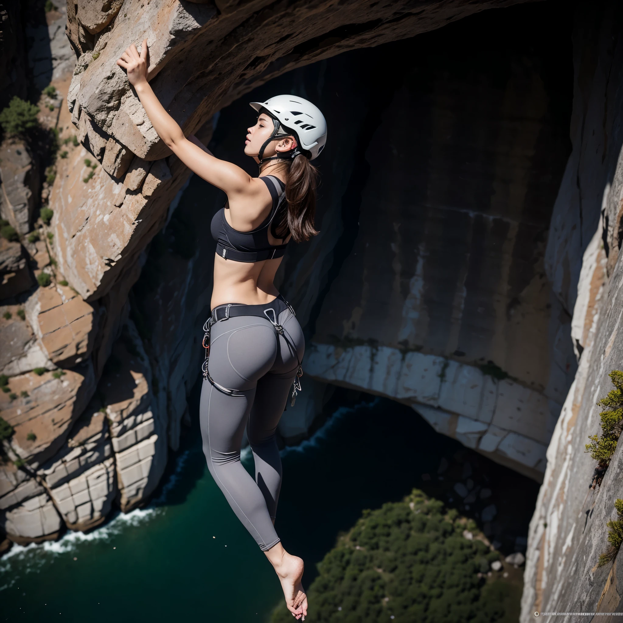 20 year old woman、best beautiful girl、masterpiece、real、live-action、accurate image、High definition、rock climbing、Free Climbing、sheer cliff、Valley、１０００Meter-tight rock face、Tight climbing pants、hanging、clamber、cling to、Equipped with detailed details