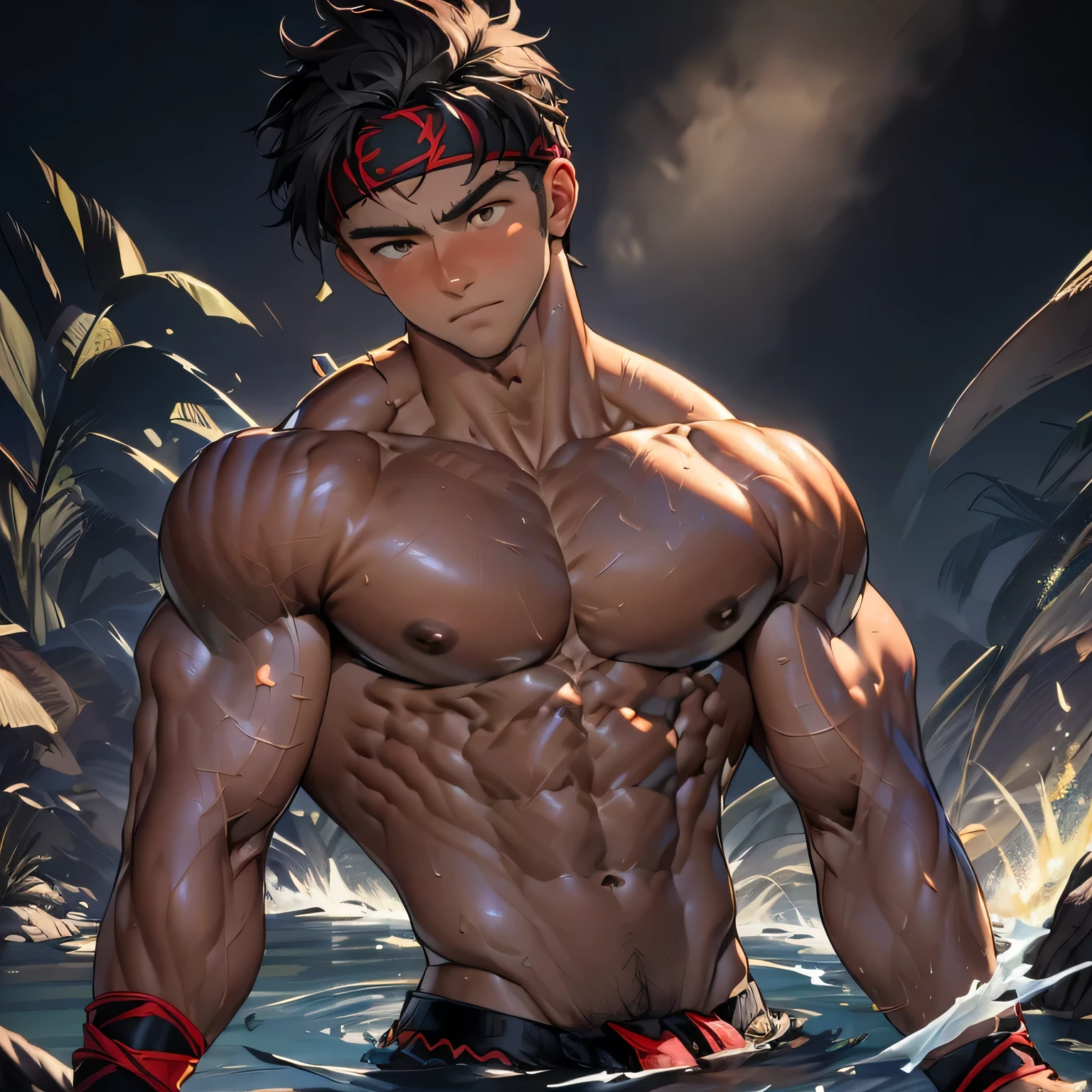 (Masterpiece, Best quality 19 year old boy, black background, looking away), solo, Young, boy, muscler, Shirtless, topless, (Dark Short straight hair, under cut, brown eyes), (red headband, ((black wristband))), Vivid colors, (hot Abs:1.2, abs!, big abs, big breast:1.2, chest!, muscler upper arms), (topless male), muscler!, muscler body, detailed face, detailed muscle, serious, (((A magical mystical aura power:1.4, rippling muscles, random poses)))