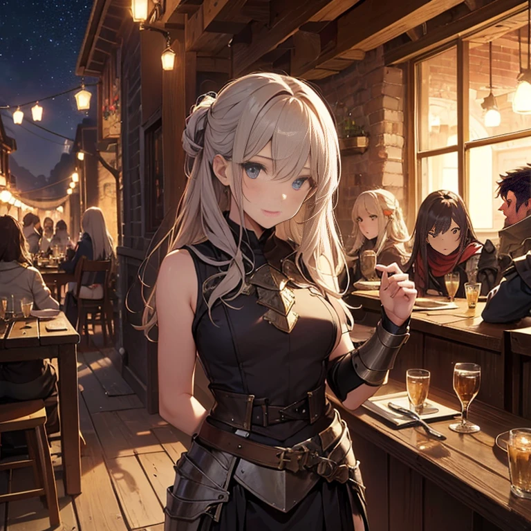 A group of  female medieval fantasy adventurers, (in tavern), various hair styles, harem, night, details face, short skirt, seducing, sleeveless, armor 